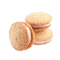 Butter shortbread sandwich biscuits with mascarpone cream filling on white background