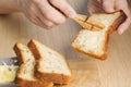 Butter spread on bread slice at breakfast