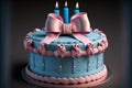Buttercream piped blue birthday cake with pink ribbon and pink birthday candles