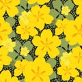 Buttercup vector seamless pattern background. Hand-drawn yellow green floral repeat on dotted backdrop. Perennial