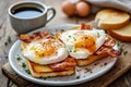 buttered grilled toasts with fried eggs and crispy bacon on a breakfast plate