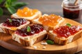 buttered toast with colorful fruit jam spread on top