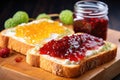 buttered toast with colorful fruit jam spread on top