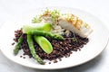 butterfish with green lentils, leek and green asparagus