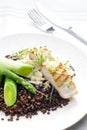 butterfish with green lentils, leek and green asparagus