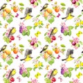 Butterflies, birds, fruits, berries. Vintage seamless pattern with plum, cherry, apple branches and spring blossom Royalty Free Stock Photo