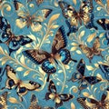 Butterflies on a blue background with gold and silver swirls. Royalty Free Stock Photo