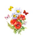 Butterflies at bouquet with flowers. Floral summer composition - poppies, chamomile flower. Watercolor Royalty Free Stock Photo