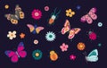 9 Butterflies and bugs. Spring and summer cartoon insects, colorful butterfly and ladybug with flowers. Vector isolated Royalty Free Stock Photo