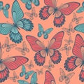Butterflies in Coral and turqoise green Backround seamless pattern