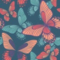 Butterflies in Coral and Quetzal Green Backround seamless pattern