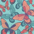 Butterflies in Coral and Turqoisel Green Backround seamless pattern