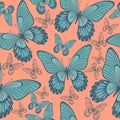 Butterflies in Coral and Turqoisel Green Backround seamless pattern