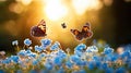 Butterflies Dance Over Sunlit Forget-Me-Nots in Vibrant Spring Meadow Royalty Free Stock Photo