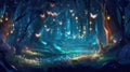 Butterflies dancing over a little creek in enchanted forest at night, fantasy landscape. Generative AI illustration