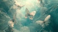 Butterflies with delicate wings akin to gentle wisps float amidst a dreamy aquatic-toned backdrop, creating an
