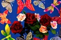 Butterflies, dragonflies flying on a bouquet of roses, on a blue sky background. Royalty Free Stock Photo