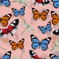 Butterflies and dragonflies seamless pattern, vector background. Bright multicolored insects on a pink backdrop. For fabric design