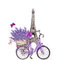 Butterflies, Eiffel tower, bicycle with lavender flowers in basket in Paris, France. Watercolor Royalty Free Stock Photo