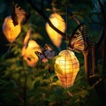Butterflies emerging from cocoon shaped lanterns Royalty Free Stock Photo