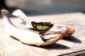 Butterflies and flies perch on salted fish