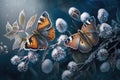 butterflies flitting between frosted blossoms in wintertime forest