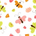 Butterflies and flower buds seamless pattern. Insects with red fishnet wings and green netting tracery circling. Royalty Free Stock Photo