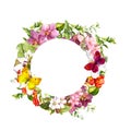 Butterflies, flowers. Circle floral wreath. Watercolor Royalty Free Stock Photo