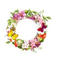 Butterflies on flowers. Circle floral wreath. Watercolor Royalty Free Stock Photo