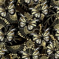 Butterflies and flowers 3d vector seamless pattern. Abstract ornamental floral background. Beautiful gold 3d dandelion flowers, Royalty Free Stock Photo