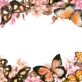 Butterflies, Flowers. Floral Card. Vintage Watercolor
