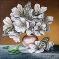 Lilies with butterflies. Flowers in a jug. Painting. Oil on canvas. Royalty Free Stock Photo