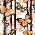 Butterflies, flowers at monochrome striped background with hand written text. Repeating floral background. Watercolor Royalty Free Stock Photo