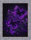 Butterflies and flowers with pink neon glow on dark background Royalty Free Stock Photo