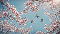 Butterflies flutter near blooming trees in the air, AI-generated.