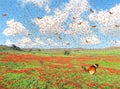 Butterflies flutter over the green meadow with red flowers blooming on a beautiful sunny day