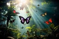 Butterflies flutter in the sun in the tropical forest. Concept biodiversity in nature