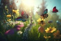 Butterflies fly over field colorful flowers on a sunny day, wallpaper. AI generated