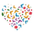 butterflies flying and flowers pattern with heart shape