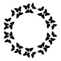 Butterflies frame. Circular pattern, border. Wreath of black butterflies isolated on white.