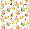 Butterflies, fruits - summer plum, cherry, apple branches with spring blossom. Watercolor seamless pattern Royalty Free Stock Photo