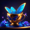 Butterflies in golden cup on blue background. 3d rendering Generative AI Royalty Free Stock Photo
