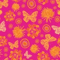 Butterflies Groove-Butterfly Garden,seamless repeat pattern in yellow and orange on punchy pink background. Royalty Free Stock Photo