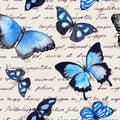 Butterflies, hand written text note. Watercolor. Seamless pattern