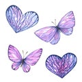 Butterflies And Hearts In Lilac Color. Abstract, Watercolor Illustration. A Set Of Objects From A Large Set Of Lavender
