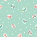 Butterflies and hearts scattered on pastel blue background seamless vector pattern