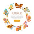 Butterflies landing page template. Cute bright colorful insects in circular frame website interface vector illustration