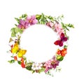 Butterflies on meadow flowers. Round floral wreath. Watercolor Royalty Free Stock Photo