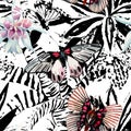 butterflies and orchid watercolor exotic pattern, graphic background