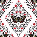 Butterflies and Red Flower Vines Seamless Pattern